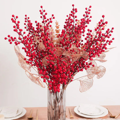 Artificial Red Berry Flowers Bouquet Vase