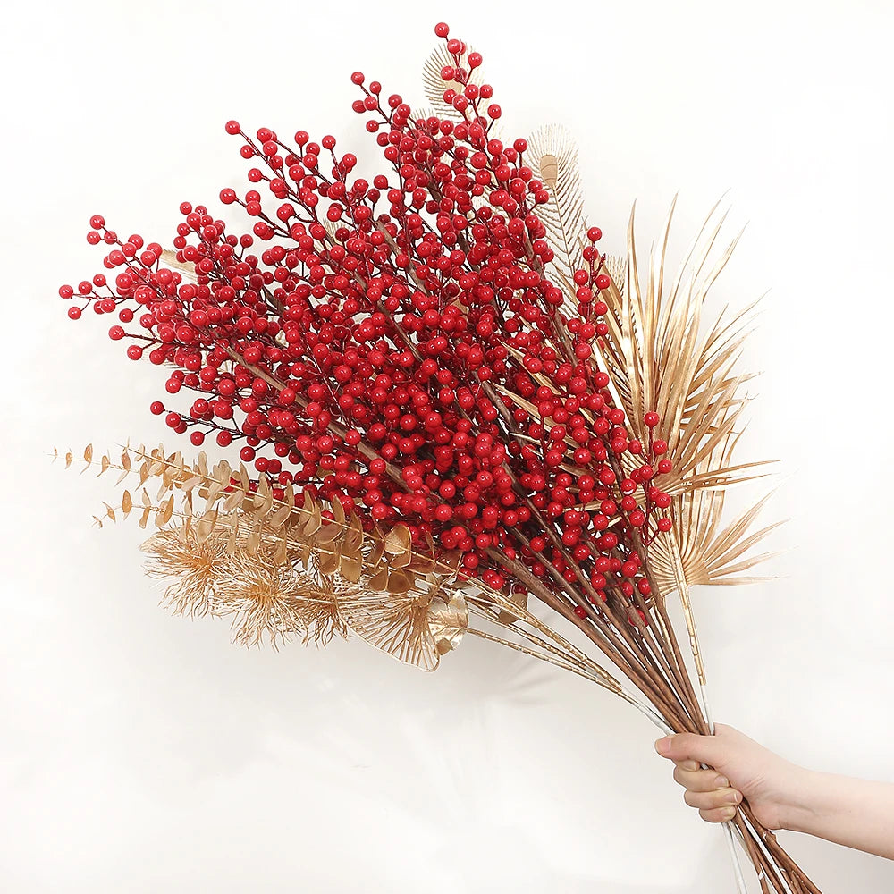 Artificial Red Berry Flowers Bouquet Vase